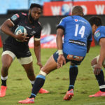 PRETORIA, SOUTH AFRICA - FEBRUARY 12: Lukhanyo Am of the Sharks during the United Rugby Championship match between Vodacom Bulls and Cell C Sharks at Loftus Versfeld on February 12, 2022 in Pretoria, South Africa.
