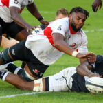 JOHANNESBURG, SOUTH AFRICA - FEBRUARY 19: Mpilo Gumede of the Cell C Sharks scores a try during the Carling Currie Cup match between Sigma Lions and Cell C Sharks at Emirates Airline Park on February 19, 2022 in Johannesburg, South Africa. (Photo by Gordon Arons/Gallo Images)