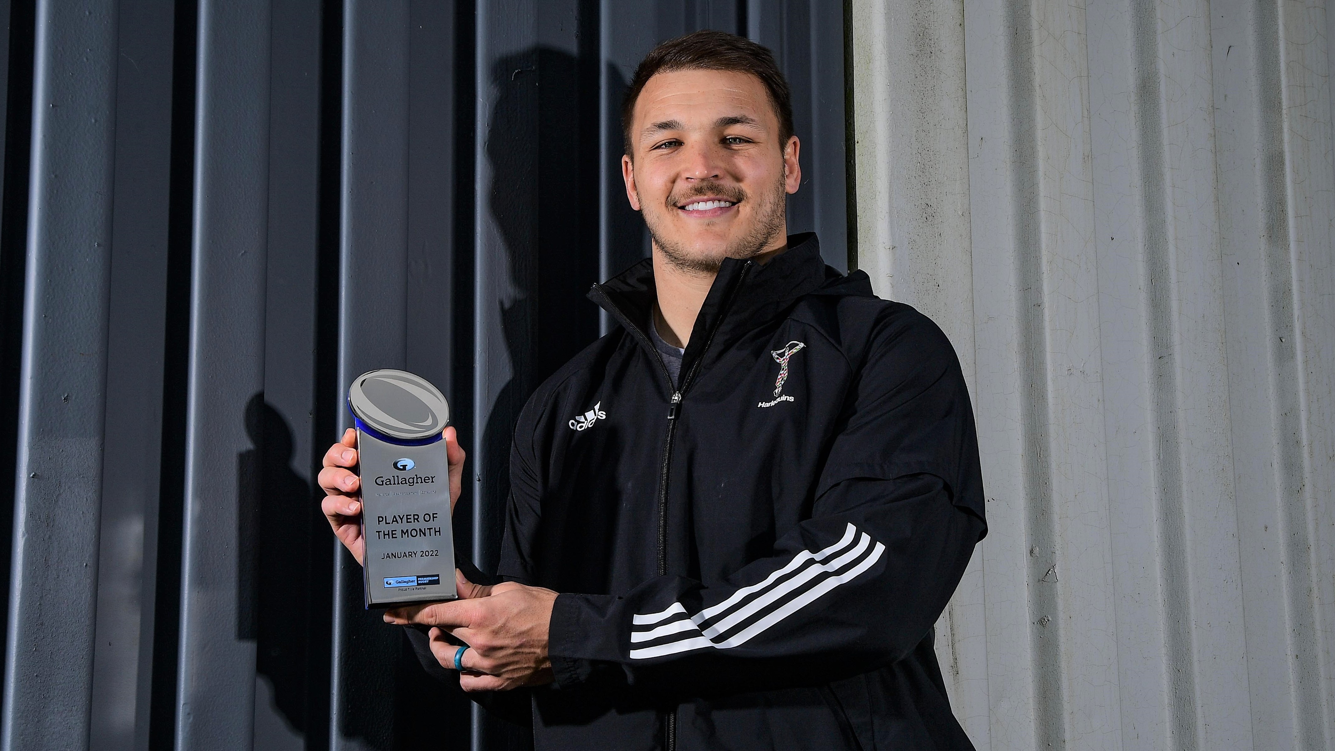 Gallagher Premiership Rugby player of the month for January is Harlequins, Andre Esterhuizen who poses with his Gallagher Player of the Month Trophy. Photo: Tom Sandberg/PPAUK/Gallagher