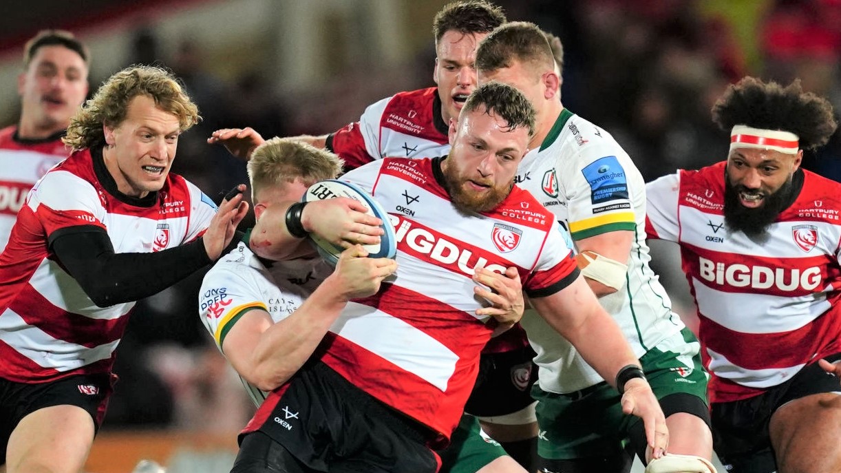 Gloucester Rugby's Ruan Ackermann tackled by London Irish's Olly Cracknell during the Gallagher Premiership match at the Kingsholm Stadium, Gloucester. Picture date: Friday February 4, 2022. (Photo by David Davies/PA Images via Getty Images)