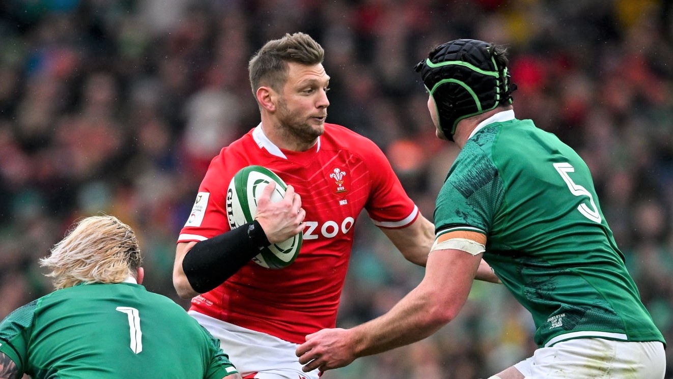 Dublin , Ireland - 5 February 2022; Dan Biggar of Wales in action against Andrew Porter, left, and James Ryan of Ireland during the Guinness Six Nations Rugby Championship match between Ireland and Wales at the Aviva Stadium in Dublin. (Photo By Brendan Moran/Sportsfile via Getty Images)