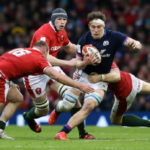 CARDIFF, WALES - FEBRUARY 12: Scotland's Rory Darge (centre) is tackled by Wales' Dan Biggar and Dewi Lake during a Guiness Six nations match between Wales and Scotland at the Principality Stadium, on February 12, 2022, in Cardiff, Wales.