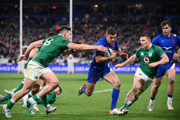 France's full-back Melvyn Jaminet runs with the ball during the Six Nations rugby union international match between France and Ireland at the Stade de France, in Saint-Denis, north of Paris, on February 12, 2022.