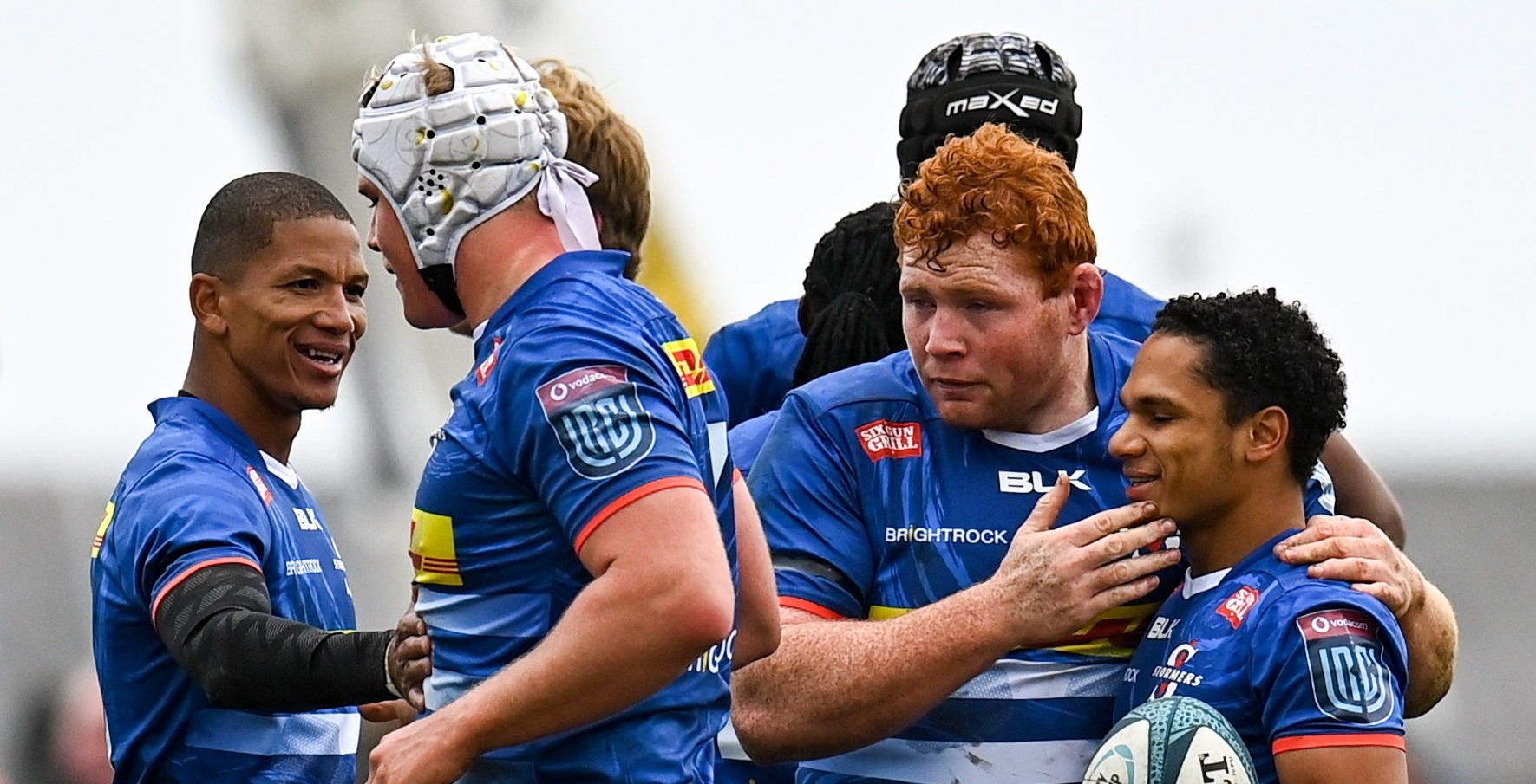 Galway , Ireland - 26 February 2022; Herschel Jantjies, right, and Steven Kitshoff of DHL Stormers celebrate a penalty scrum during the United Rugby Championship match between Connacht and DHL Stormers at The Sportsground in Galway. (Photo By Harry Murphy/Sportsfile via Getty Images)