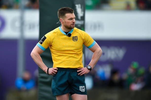 Galway , Ireland - 26 February 2022; Referee Ben Blain during the United Rugby Championship match between Connacht and DHL Stormers at The Sportsground in Galway.