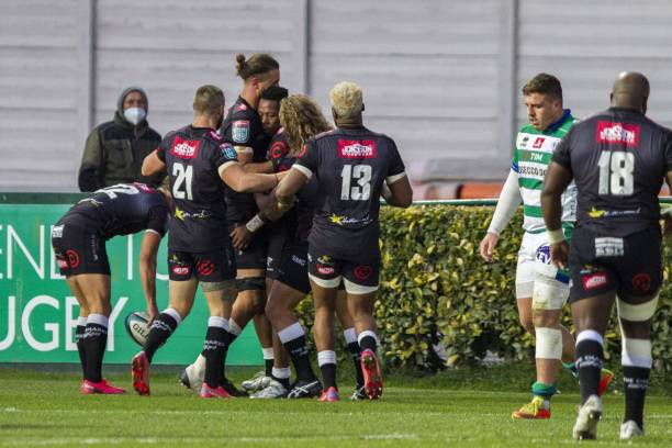 Sharks celebrate last try during the United Rugby Championship match Benetton Rugby vs Cell C Sharks on February 26, 2022 at the Monigo stadium in Treviso, Italy