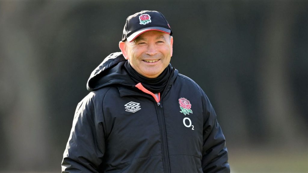 BAGSHOT, ENGLAND - FEBRUARY 01: Eddie Jones, Head Coach of England looks on during a training session at Pennyhill Park on February 01, 2022 in Bagshot, England. (Photo by Dan Mullan - RFU/The RFU Collection via Getty Images)