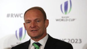 LONDON, ENGLAND - SEPTEMBER 25: 1995 Winning Captain Francois Pienaar during the Rugby World Cup 2023 Bid Presentations event at Royal Garden Hotel on September 25, 2017 in London, England.