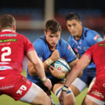 Elrigh Louw of the Vodacom Bulls challenged by Scott Williams and Johnny Williams of the Llanelli Scarlets during the United Rugby Championship 2021/22 game between the Vodacom Bulls and the Llanelli Scarlets at Loftus Versfeld Stadium, Pretoria on 18 March 2022 ©Samuel Shivambu/BackpagePix