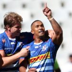 Evan Roos of Stormers congratulates Leolin Zas of Stormers for scoring a try during the United Rugby Championship 2021/22 match between the Stormers and Ulster held at Cape Town Stadium in Cape Town on 26 March 2022 ©Shaun Roy/BackpagePix