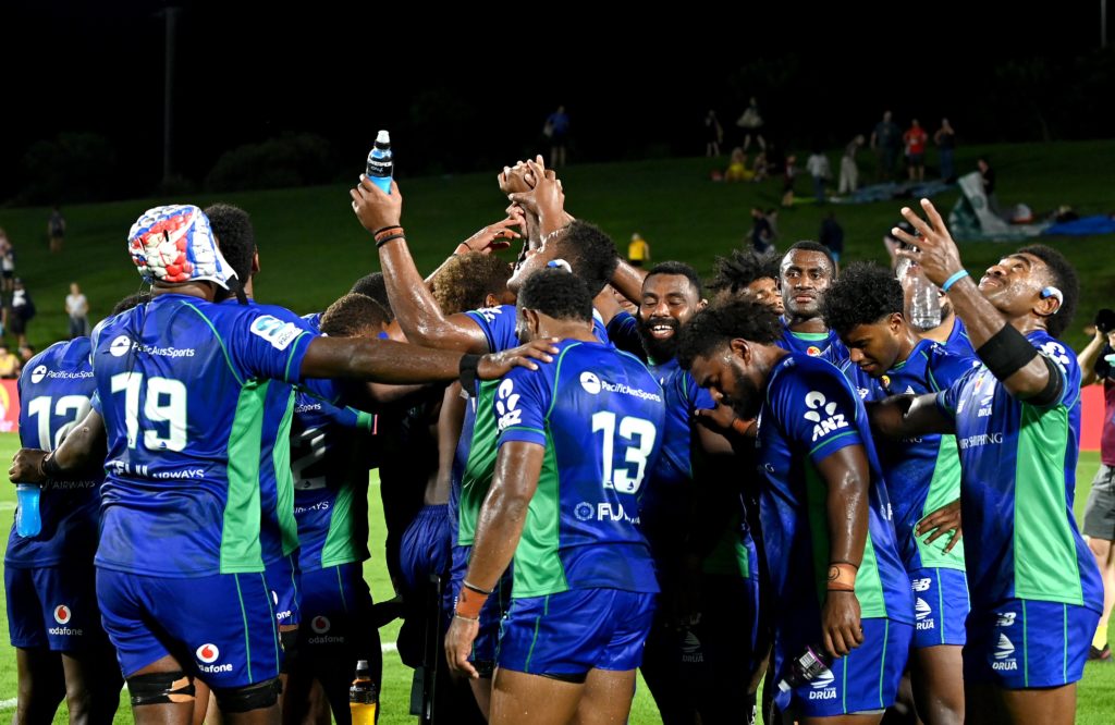 The Fijian Drua celebrate their first ever Super Rugby win against the Rebels
