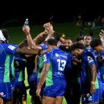 The Fijian Drua celebrate their first ever Super Rugby win against the Rebels