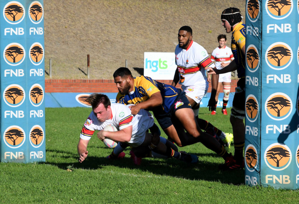 14 3 2022 *** 2022 FNB Varsity Cup , FNB UWC vs FNB UP-TUKS at UWC stadium. 18 Ethan Burger from UP-TUKS with the ball to score a try,