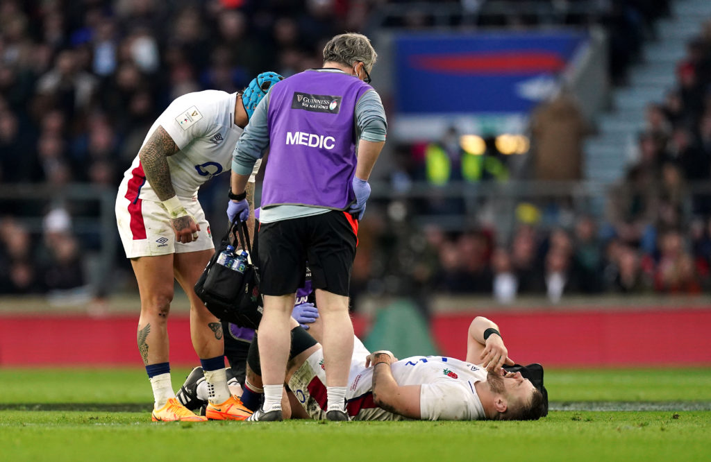 England's Luke Cowan-Dickie receives treatment for an injury during the Guinness Six Nations match at Twickenham Stadium, London. Picture date: Saturday February 26, 2022.