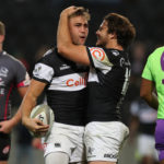 DURBAN, SOUTH AFRICA - SEPTEMBER 07: Try time Jeremy Ward with Marius Louw of the Cell C Sharks during the Currie Cup match between Cell C Sharks and iCOLLEGE Pumas at Jonsson Kings Park on September 07, 2018 in Durban, South Africa.