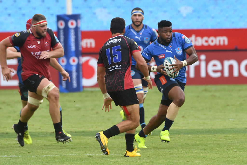 PRETORIA, SOUTH AFRICA - FEBRUARY 05: Lizo Gqoboka of the Bulls during the United Rugby Championship match between Vodacom Bulls and Emirates Lions at Loftus Versveld Stadium on February 05, 2022 in Pretoria, South Africa.
