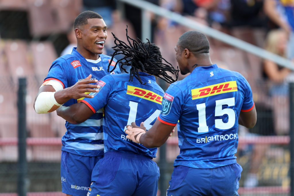 STELLENBOSCH, SOUTH AFRICA - MARCH 13: Damian Willemse of the DHL Stormers celebrates after scoring during the United Rugby Championship match between DHL Stormers and Zebre Parma at Danie Craven Stadium on March 13, 2022 in Stellenbosch, South Africa.