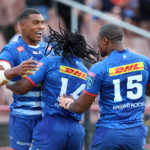 STELLENBOSCH, SOUTH AFRICA - MARCH 13: Damian Willemse of the DHL Stormers celebrates after scoring during the United Rugby Championship match between DHL Stormers and Zebre Parma at Danie Craven Stadium on March 13, 2022 in Stellenbosch, South Africa.