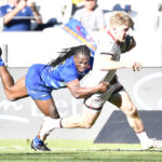 CAPE TOWN, SOUTH AFRICA - MARCH 26: Rob Lyttle of Ulster and Seabelo Senatla of the Stormers during the United Rugby Championship match between DHL Stormers and Ulster at DHL Stadium on March 26, 2022 in Cape Town, South Africa.