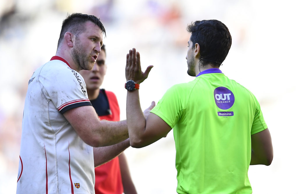CAPE TOWN, SOUTH AFRICA - MARCH 26: Alan OÕConnor (Capt.) of Ulster and Referee, Gianlucu Gnecchi during the United Rugby Championship match between DHL Stormers and Ulster at DHL Stadium on March 26, 2022 in Cape Town, South Africa.