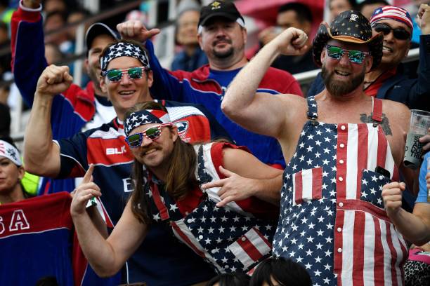 USA fans cheer on the team before the Japan 2019 Rugby World Cup Pool C match between the United States and Tonga at the Hanazono Rugby Stadium in Higashiosaka on October 13, 2019. (Photo by Filippo MONTEFORTE / AFP)