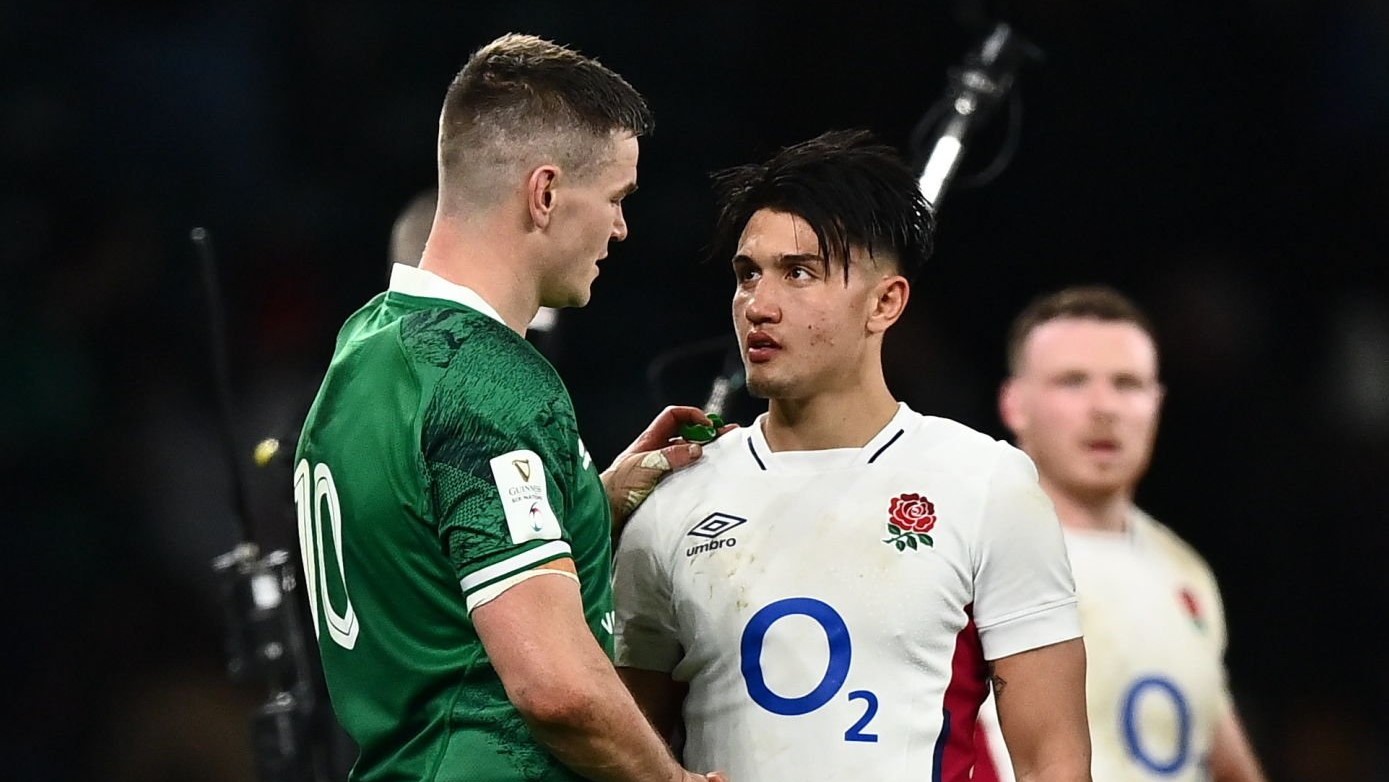 London , United Kingdom - 12 March 2022; Jonathan Sexton of Ireland and Marcus Smith of England after the Guinness Six Nations Rugby Championship match between England and Ireland at Twickenham Stadium in London, England. (Photo By David Fitzgerald/Sportsfile via Getty Images)