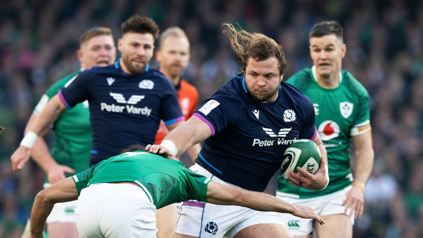 DUBLIN, IRELAND - MARCH 19: Pierre Schoeman in action for Scotland during a Guinness Six Nations match between Ireland and Scotland at the Aviva Stadium, on March 19, 2022, Dublin, Ireland. (Photo by Craig Williamson/SNS Group via Getty Images)