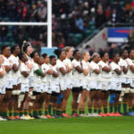 LONDON, ENGLAND - NOVEMBER 27: Springbok players stand for the national anthem prior to the Killik Cup match between Barbarians Women and Springbok Women's XV at Twickenham Stadium on November 27, 2021 in London, England.
