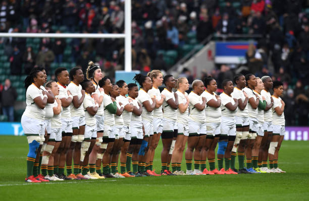 LONDON, ENGLAND - NOVEMBER 27: Springbok players stand for the national anthem prior to the Killik Cup match between Barbarians Women and Springbok Women's XV at Twickenham Stadium on November 27, 2021 in London, England.