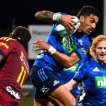 AUCKLAND, NEW ZEALAND - MARCH 11: Rieko Ioane of the Blues dives over to score a try during the round four Super Rugby Pacific match between the Blues and the Highlanders at North Harbour Stadium on March 11, 2022 in Auckland, New Zealand. (Photo by Hannah Peters/Getty Images)