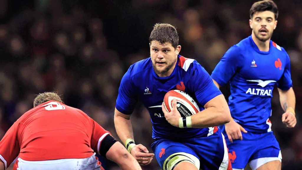 CARDIFF, WALES - MARCH 11: Paul Willemse of France runs at Tomas Francis of Wales during the Guinness Six Nations Rugby match between Wales and France at Principality Stadium on March 11, 2022 in Cardiff, Wales. (Photo by David Rogers/Getty Images)