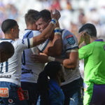 Elrigh Louw of the Bulls celebrates his try with teammates during the United Rugby Championship 2021/22 game between the Stormers and the Bulls at Cape Town Stadium on 9 April 2022