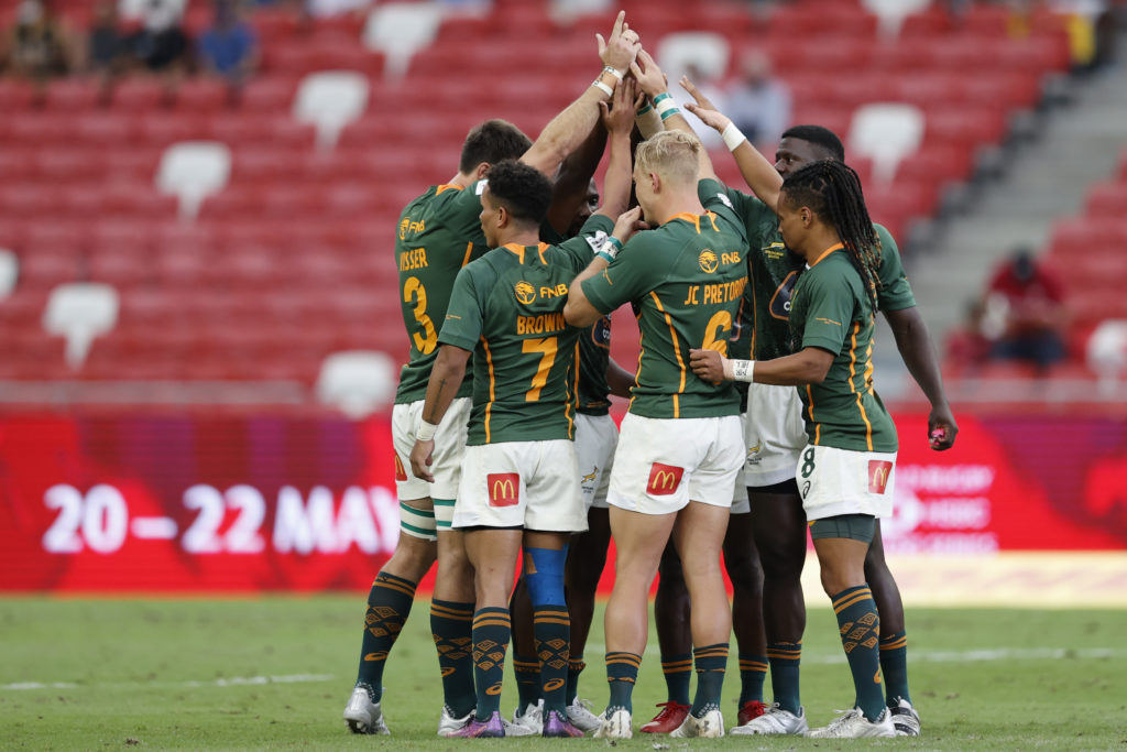 The Blitzboks gather before a match at Singapore Sevens