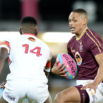 Nevaldo Fleurs of Maties looks to evade the tackle during the 2022 Varsity Cup Final between FNB Maties and FNB UP-TUKS at the Danie Craven Stadium, Stellenbosch, SOUTH AFRICA