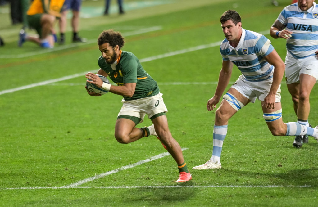 GQEBERHA, SOUTH AFRICA - AUGUST 14: Jaden Hendrikse of South Africa during the Castle Lager Rugby Championship match between South Africa and Argentina at Nelson Mandela Bay Stadium on August 14, 2021 in Gqeberha, South Africa.