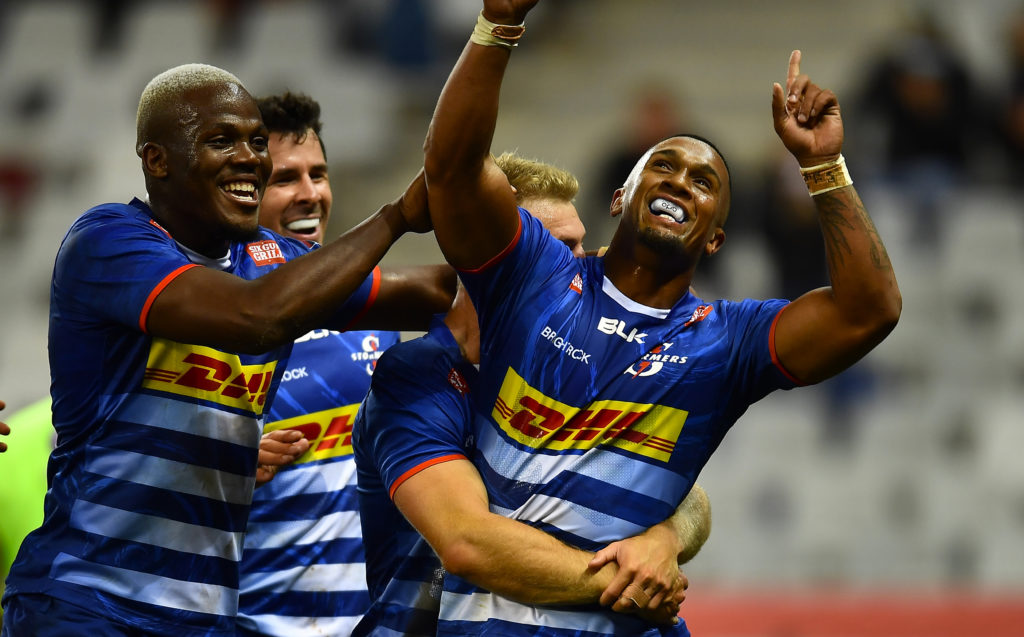CAPE TOWN, SOUTH AFRICA - APRIL 02: Leolin Zas of the Stormers celebrate after scoring a try during the United Rugby Championship match between DHL Stormers and Ospreys at DHL Stadium on April 02, 2022 in Cape Town, South Africa.
