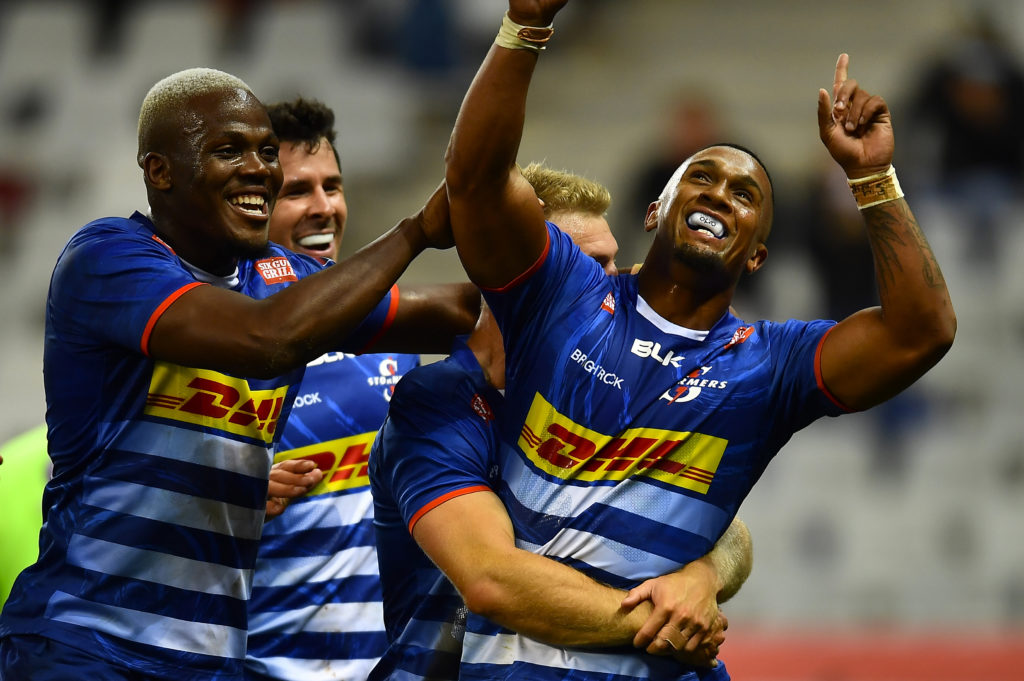 CAPE TOWN, SOUTH AFRICA - APRIL 02: Leolin Zas of the Stormers celebrate after scoring a try during the United Rugby Championship match between DHL Stormers and Ospreys at DHL Stadium on April 02, 2022 in Cape Town, South Africa.