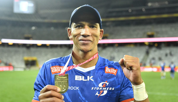 CAPE TOWN, SOUTH AFRICA - APRIL 02: Manie Libbok of the Stormers (man of the match) during the United Rugby Championship match between DHL Stormers and Ospreys at DHL Stadium on April 02, 2022 in Cape Town, South Africa. (Photo by Ashley Vlotman/Gallo Images)