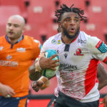 JOHANNESBURG, SOUTH AFRICA - APRIL 02: Vincent Tshituka of the Emirates Lions on his way to score a try during the United Rugby Championship match between Emirates Lions and Edinburgh at Emirates Airline Park on April 02, 2022 in Johannesburg, South Africa. (Photo by Gordon Arons/Gallo Images)