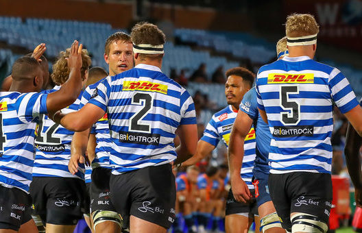 PRETORIA, SOUTH AFRICA - APRIL 06: Congrats all around for JJ Kotze of the DHL Stormers after scoring his try during the Carling Currie Cup match between Vodacom Bulls and DHL Western Province at Loftus Versfeld on April 06, 2022 in Pretoria, South Africa. (Photo by Gordon Arons/Gallo Images)