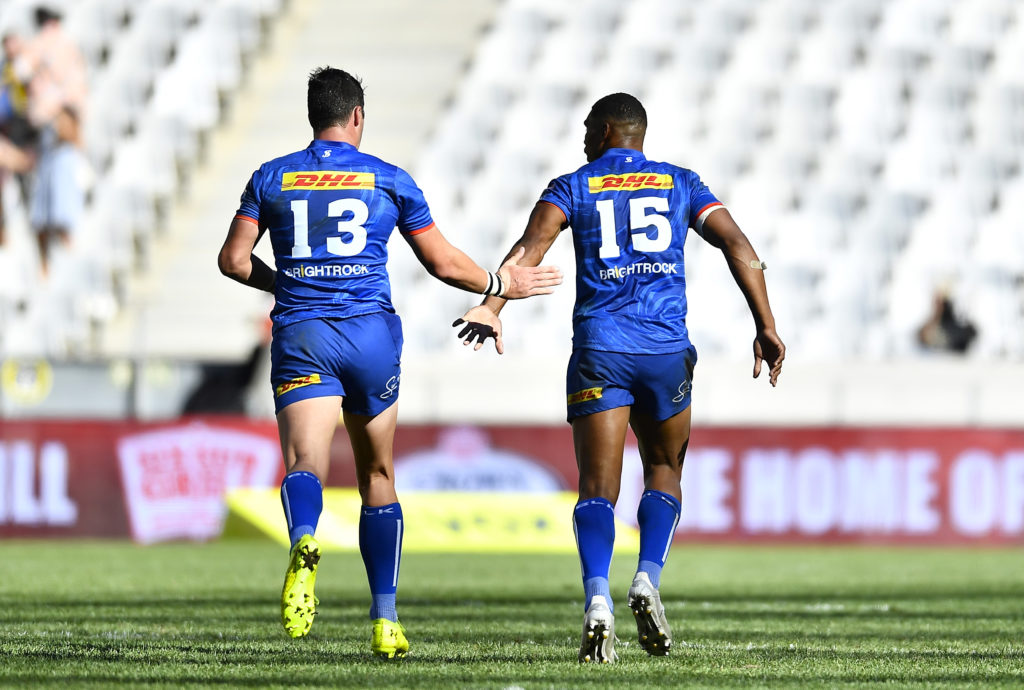 CAPE TOWN, SOUTH AFRICA - APRIL 09: Damian Willemse of the Stormers celebrate after kicking a drop goal during the United Rugby Championship match between DHL Stormers and Vodacom Bulls at DHL Stadium on April 09, 2022 in Cape Town, South Africa.