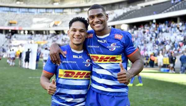 CAPE TOWN, SOUTH AFRICA - APRIL 09: Herschel Jantjies and Damian Willemse of the Stormers celebrate the win during the United Rugby Championship match between DHL Stormers and Vodacom Bulls at DHL Stadium on April 09, 2022 in Cape Town, South Africa. (Photo by Ashley Vlotman/Gallo Images)