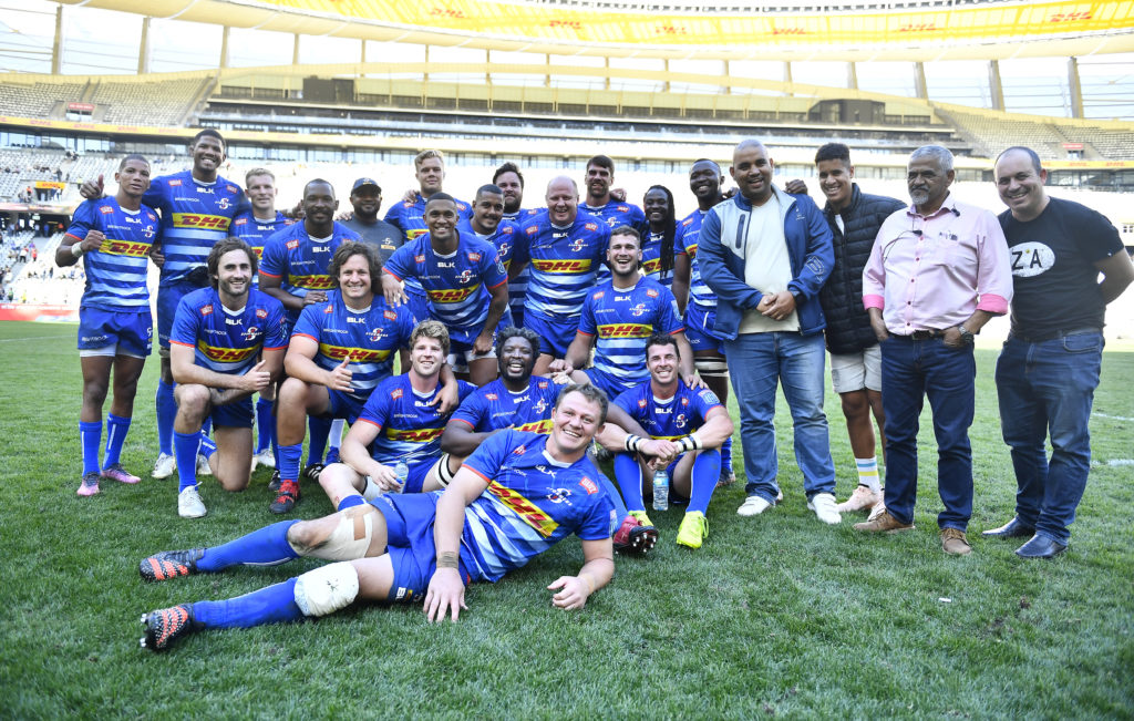 CAPE TOWN, SOUTH AFRICA - APRIL 09: Stormers celebrate the win during the United Rugby Championship match between DHL Stormers and Vodacom Bulls at DHL Stadium on April 09, 2022 in Cape Town, South Africa.