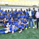 CAPE TOWN, SOUTH AFRICA - APRIL 09: Stormers celebrate the win during the United Rugby Championship match between DHL Stormers and Vodacom Bulls at DHL Stadium on April 09, 2022 in Cape Town, South Africa.