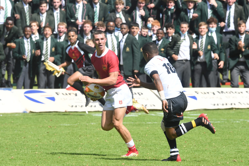 JOHANNESBURG, SOUTH AFRICA - APRIL 14: Players of King Edward VII School and Cqueens College battle it out during the match between King Edward VII School and Queen's College BHS on day 1 of the 2022 KES Easter Rugby Festival at King Edward VII School on April 14, 2022 in Johannesburg, South Africa.
