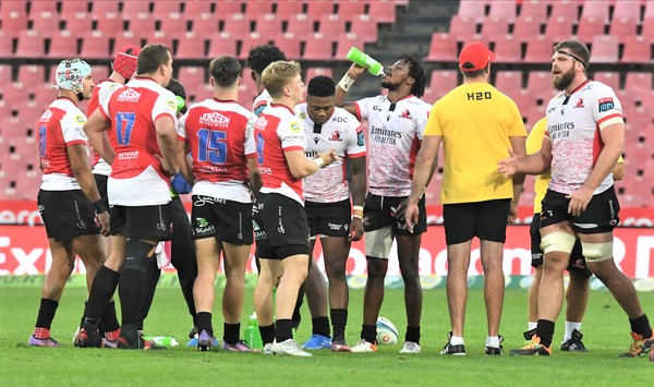 JOHANNESBURG, SOUTH AFRICA - APRIL 23: Lions players during the United Rugby Championship match between Emirates Lions and Connacht at Emirates Airline Park on April 23, 2022 in Johannesburg, South Africa. (Photo by Sydney Seshibedi/Gallo Images)