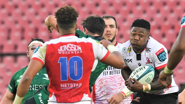 JOHANNESBURG, SOUTH AFRICA - APRIL 23: Wandisile Simelane of the Lions with the ball during the United Rugby Championship match between Emirates Lions and Connacht at Emirates Airline Park on April 23, 2022 in Johannesburg, South Africa. (Photo by Sydney Seshibedi/Gallo Images)