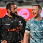 DURBAN, SOUTH AFRICA - APRIL 23: Thomas du Toit, captain of the Cell C Sharks and Rory O’Loughlin of Leinster during the United Rugby Championship match between Cell C Sharks and Leinster at Hollywoodbets Kings Park on April 23, 2022 in Durban, South Africa. (Photo by Darren Stewart/Gallo Images)