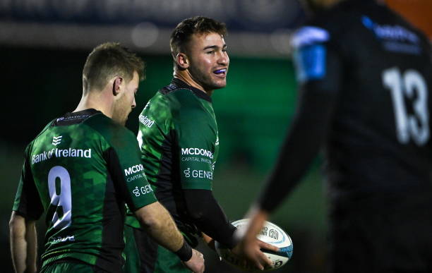 Galway , Ireland - 26 November 2021; Shayne Bolton of Connacht celebrates after scoring his side's second try during the United Rugby Championship match between Connacht and Ospreys at The Sportsground in Galway.