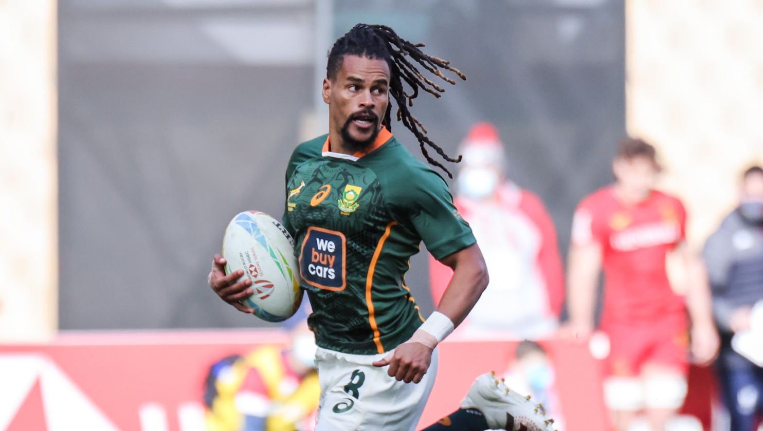 Selvyn Davis of South Africa runs with the ball during the Men's HSBC World Rugby Sevens Series 2022 match between Spain and South Africa at the La Cartuja stadium in Seville, on January 29, 2022. (Photo by DAX Images/NurPhoto via Getty Images)